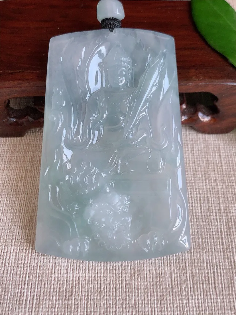 a货翡翠老坑冰种文殊菩萨吊坠 尺寸65.6×42.7×6mm 重量43.59g 0708