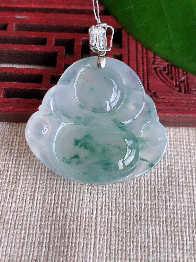 a货翡翠老坑冰种18K金镶嵌飘花佛公吊坠 尺寸38×30×33.2×7mm 重量12.04g 0708
