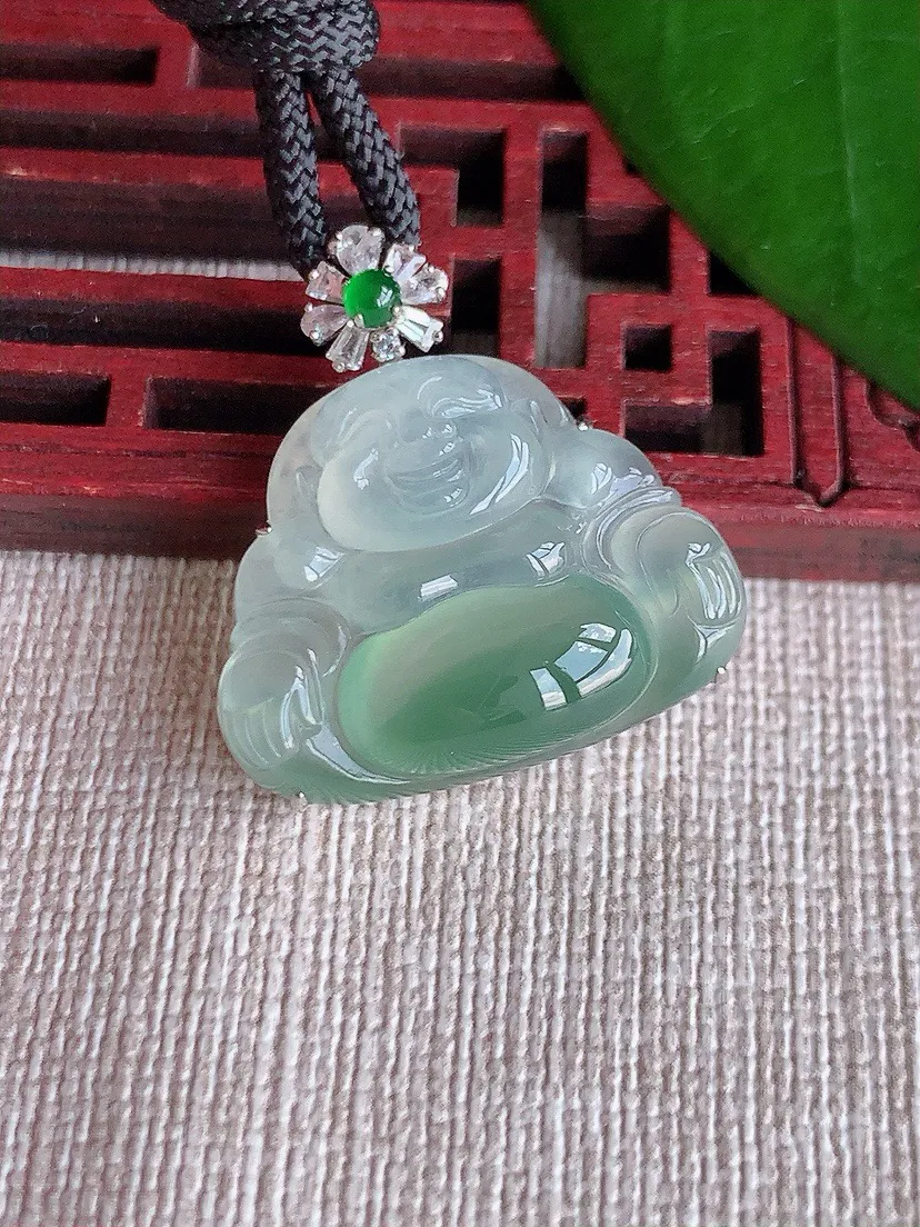 a货翡翠老坑冰种18K金伴钻镶嵌晴水佛公吊坠 尺寸26.8×19×25.2×7.7mm 重量7.43g 0708