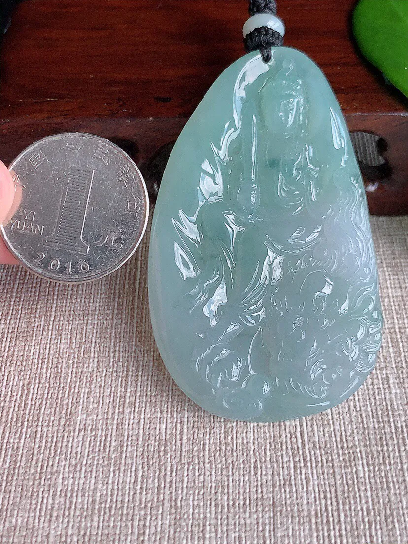 a货翡翠老坑冰种晴水文殊菩萨吊坠 尺寸61.3×36.5×6.7mm 重量38.73g 0708
