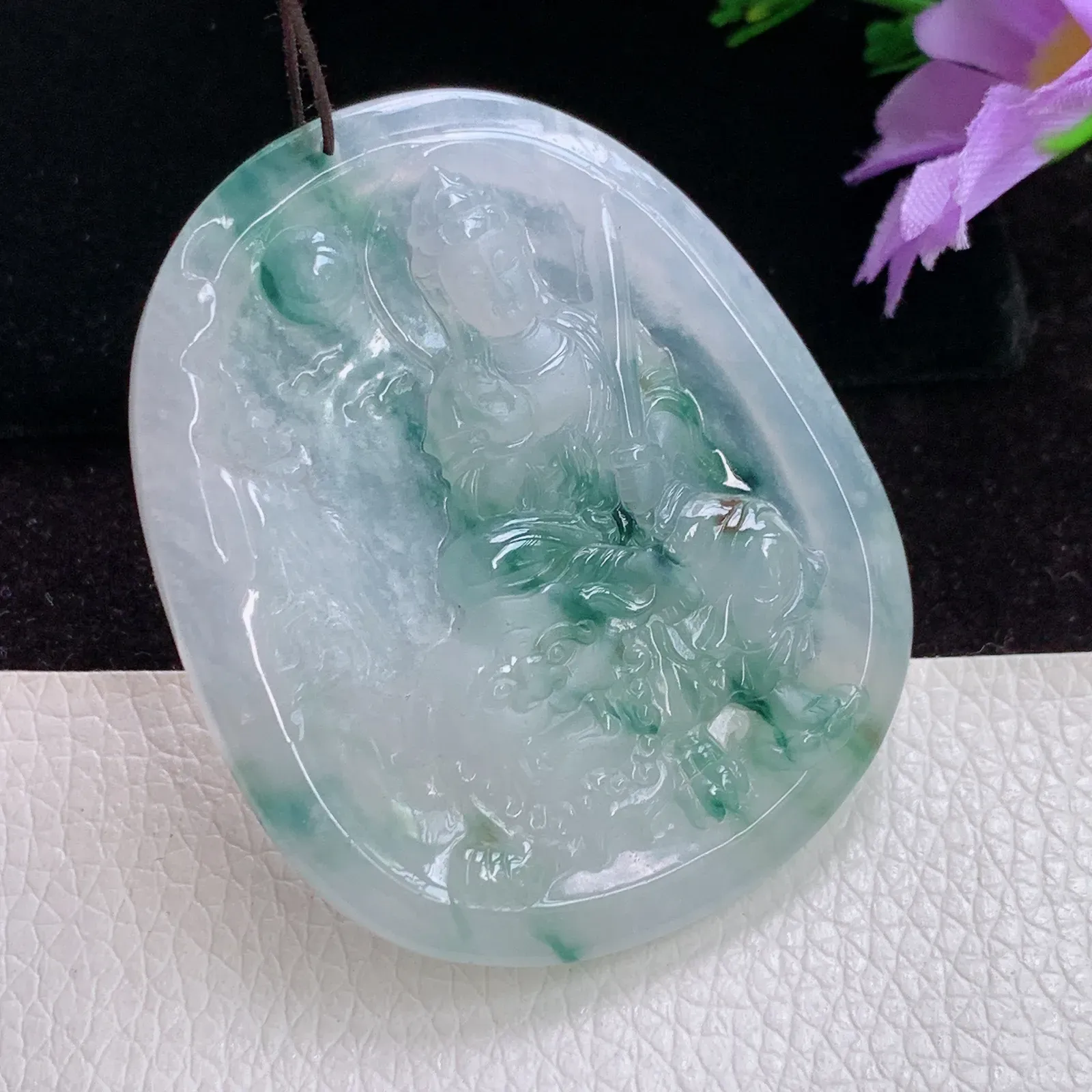 py实拍49.5*41*5.5老坑精雕冰飘花生肖守护神文殊菩萨翡翠玉吊坠