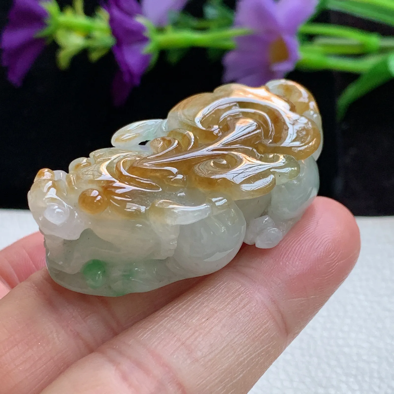 ws实拍51.5*24*15.5老坑精雕冰胶双彩招财貔貅玉吊坠 翡翠皮休玉挂件