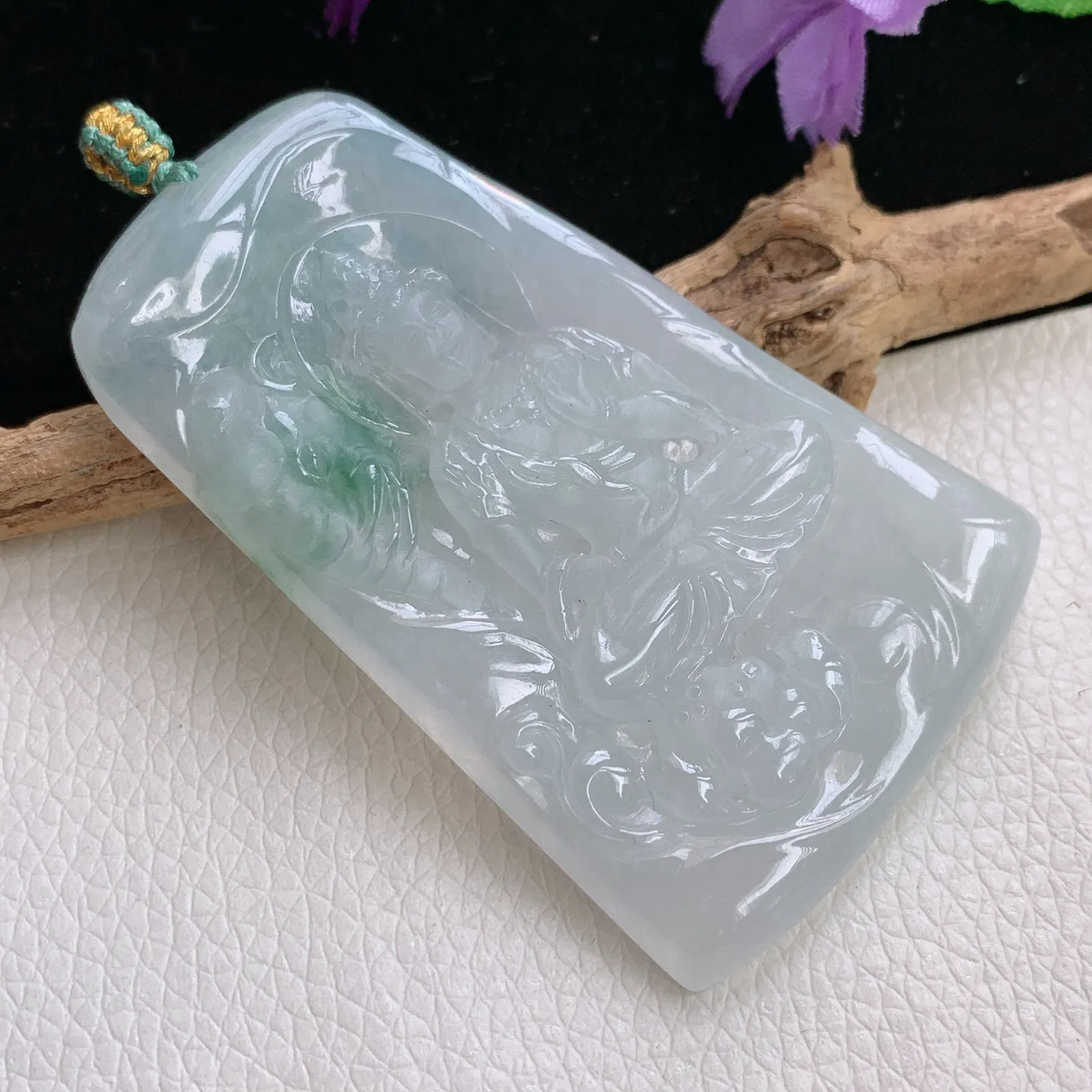 yn实拍63.3*39.8*6老坑精雕冰胶飘花生肖守护神普贤菩萨玉吊坠 玉挂件