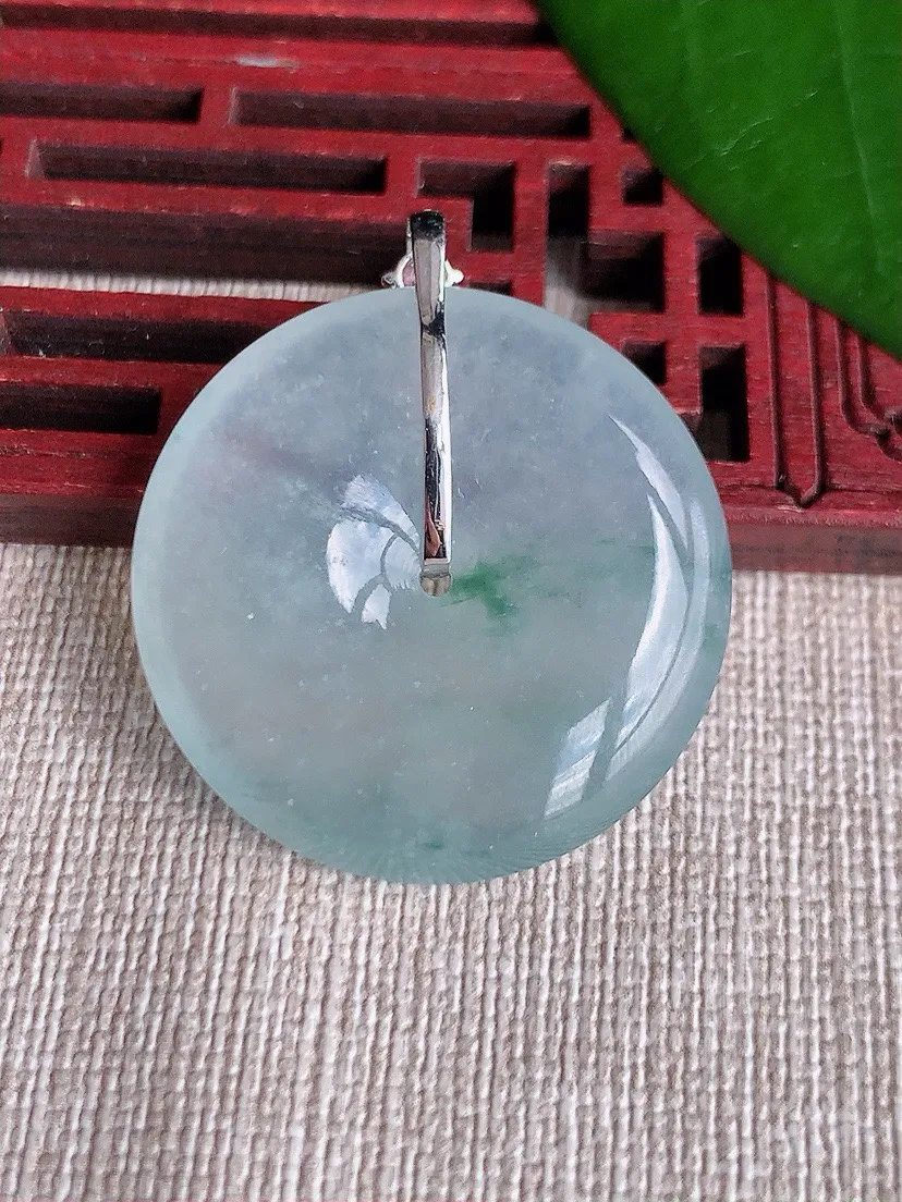 a货翡翠老坑冰种18K金伴钻镶嵌飘花平安扣吊坠 尺寸34.8×30.7×6mm 重量13.29g 0708