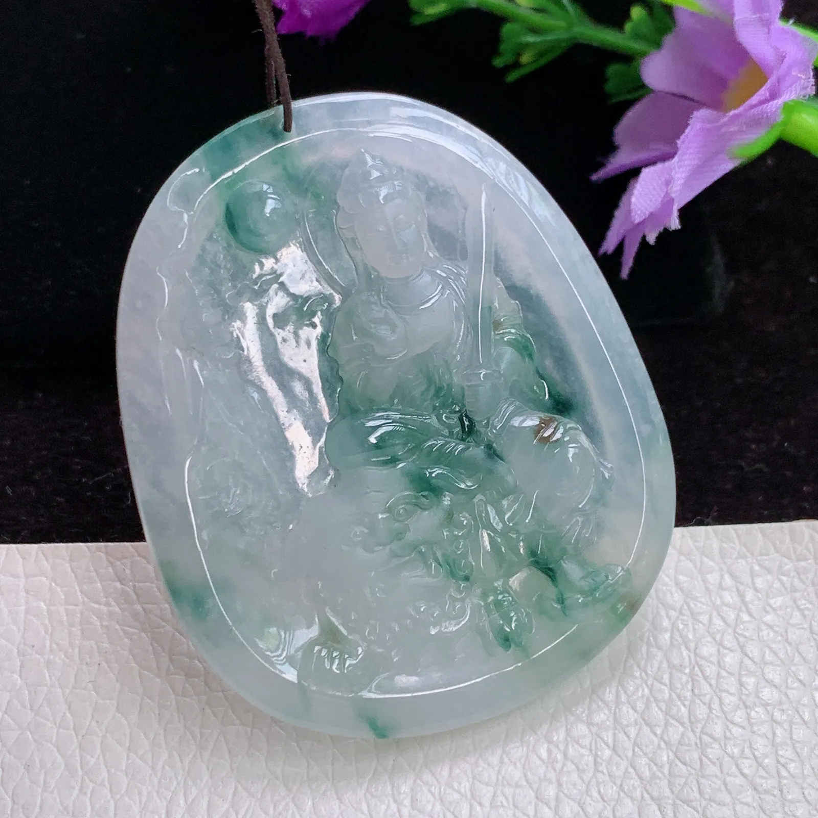 py实拍49.5*41*5.5老坑精雕冰飘花生肖守护神文殊菩萨翡翠玉吊坠