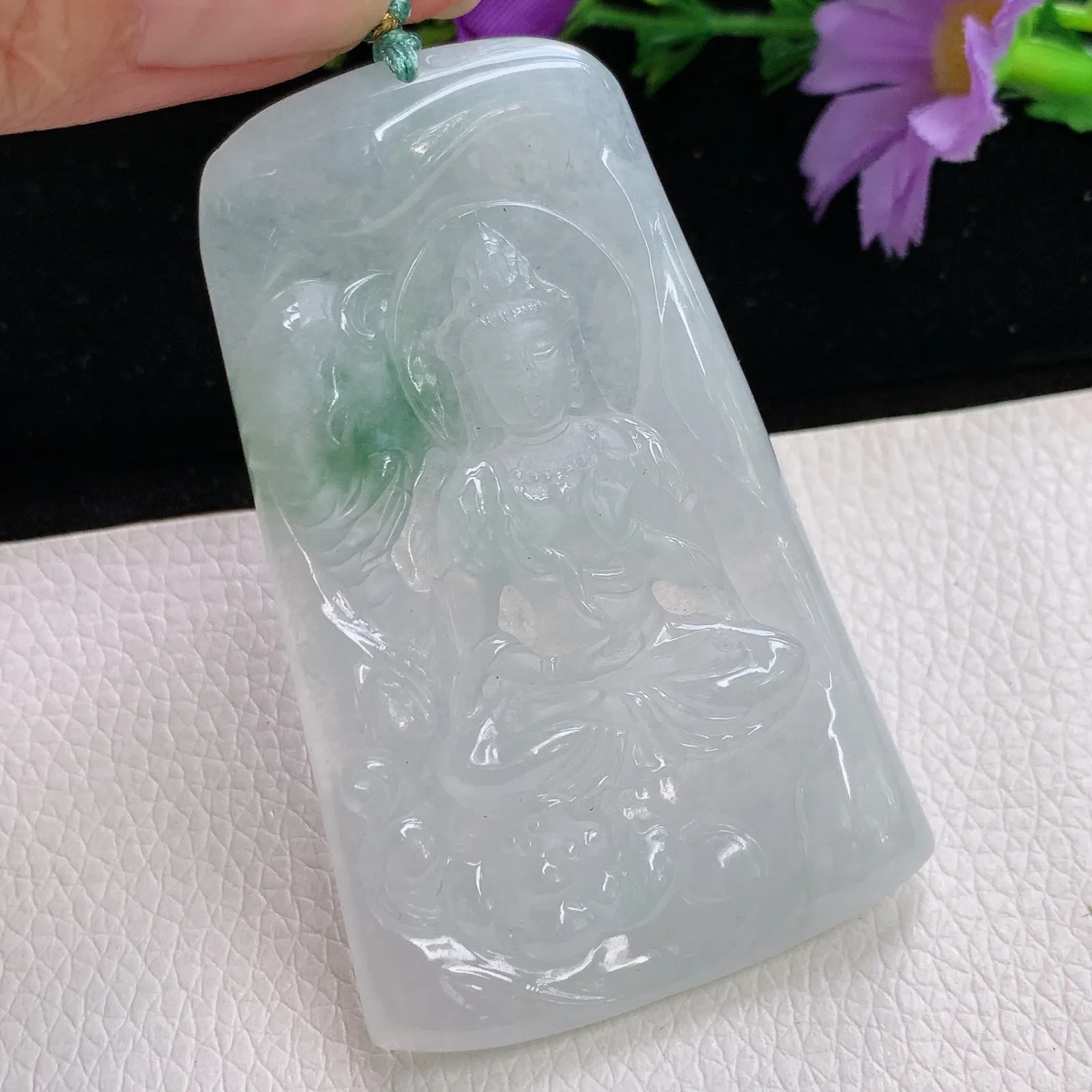 yn实拍63.3*39.8*6老坑精雕冰胶飘花生肖守护神普贤菩萨玉吊坠 玉挂件