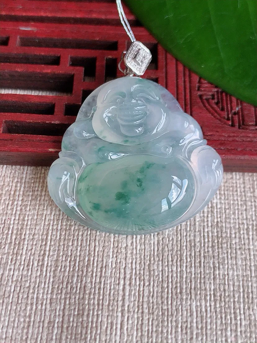 a货翡翠老坑冰种18K金镶嵌飘花佛公吊坠 尺寸38×30×33.2×7mm 重量12.04g 070