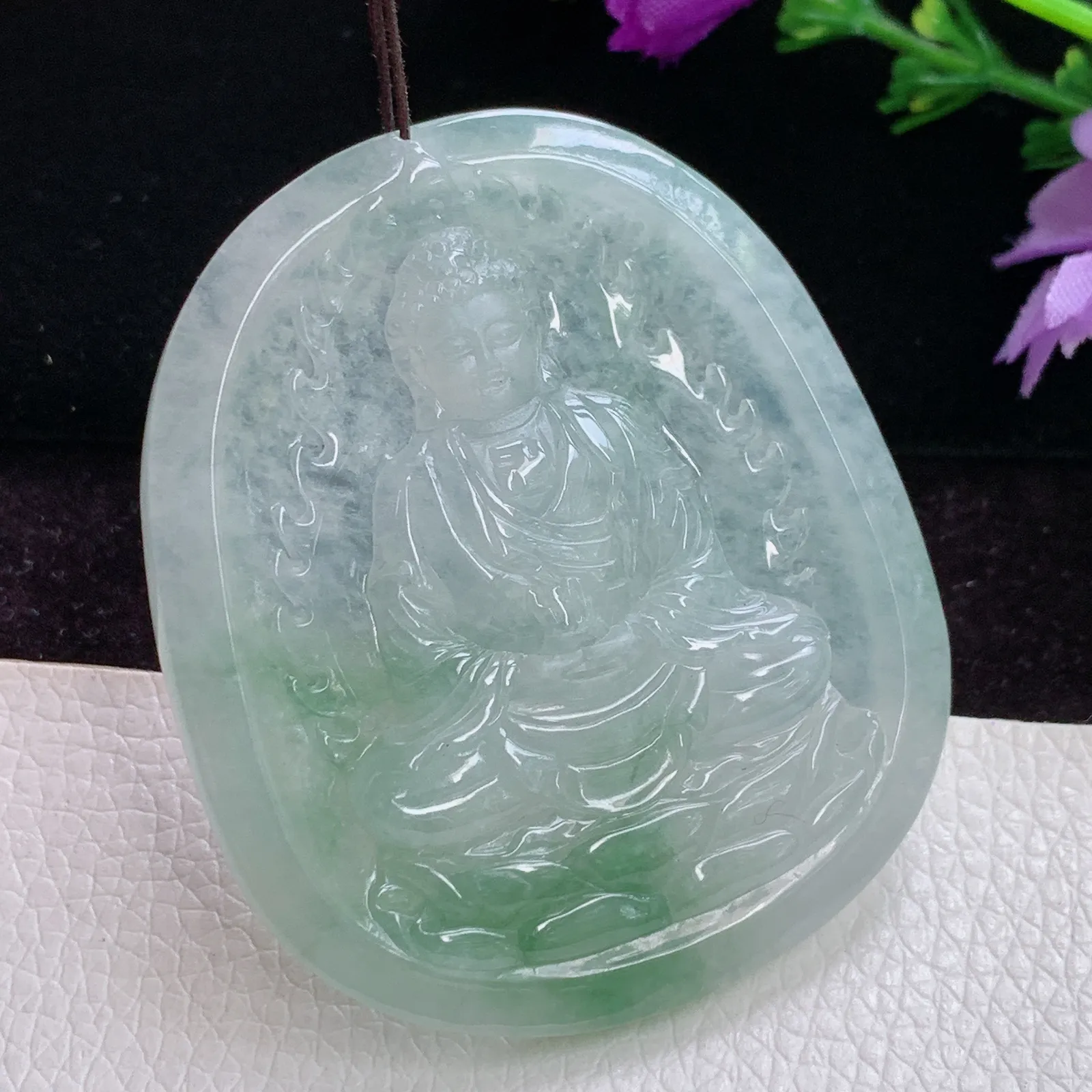 py实拍53*45.5*5.7老坑精雕冰胶飘花大日如来佛祖 佛主翡翠玉吊坠