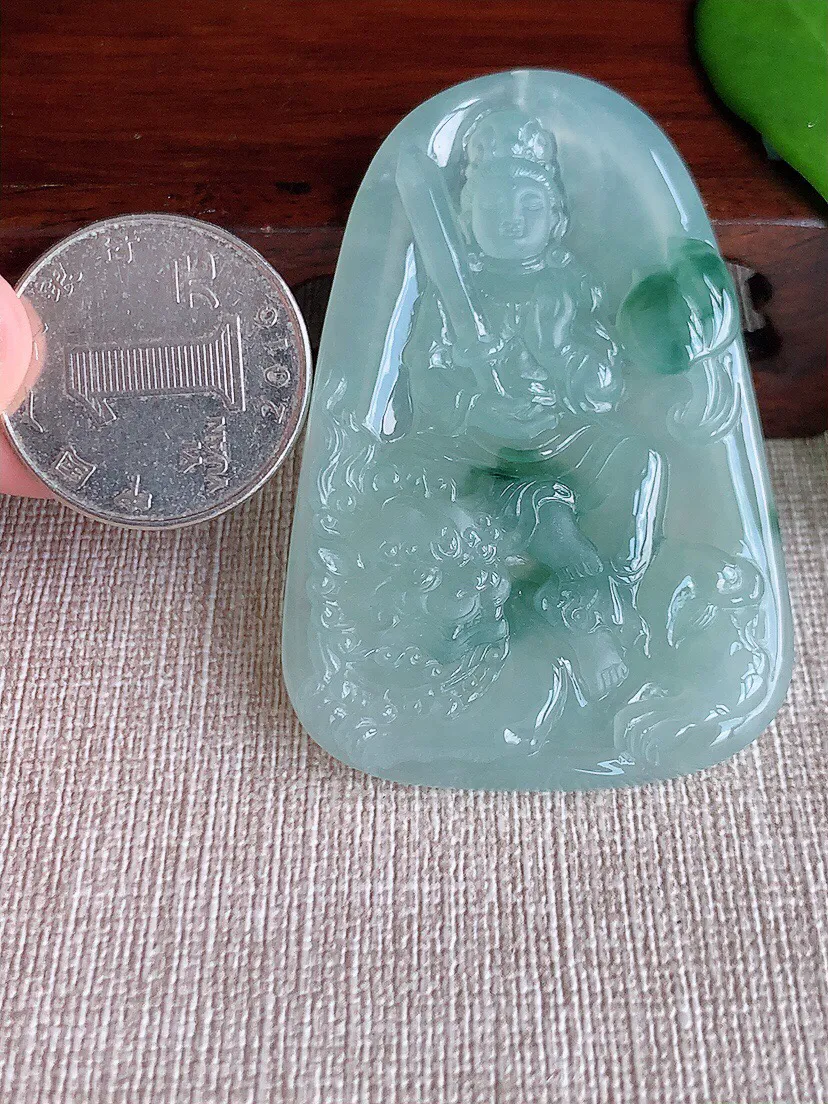 a货翡翠老坑冰种飘花文殊菩萨吊坠 尺寸56.7×38.6×5.3mm 重量27.30g 0708