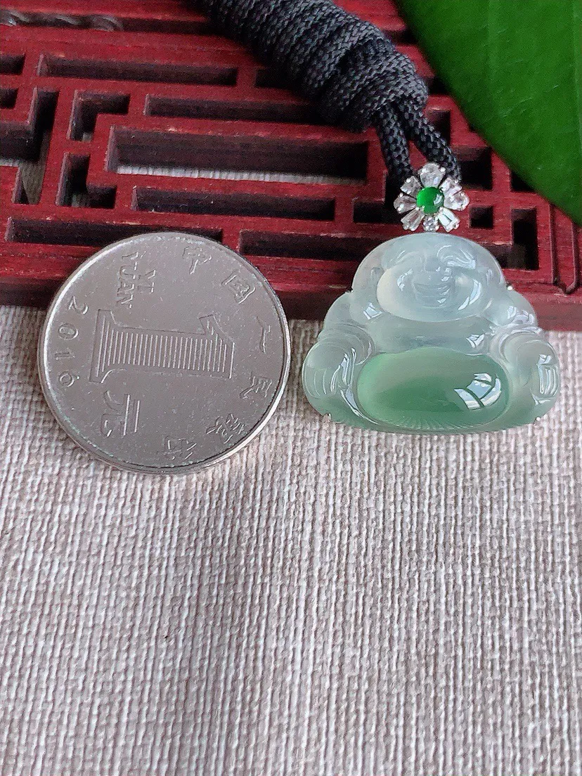 a货翡翠老坑冰种18K金伴钻镶嵌晴水佛公吊坠 尺寸26.8×19×25.2×7.7mm 重量7.43g 0708