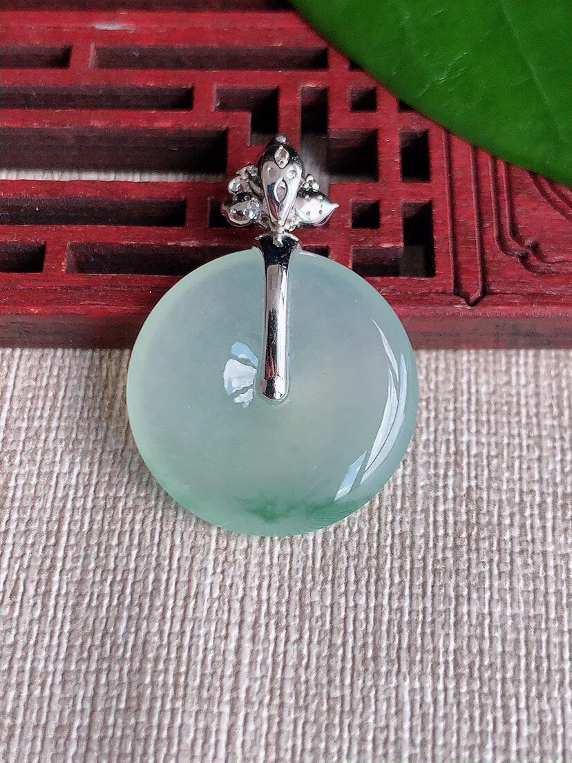 a货翡翠老坑冰种18K金伴钻镶嵌飘花平安扣吊坠 尺寸32.6×22.4×4.5mm 重量6.53g 