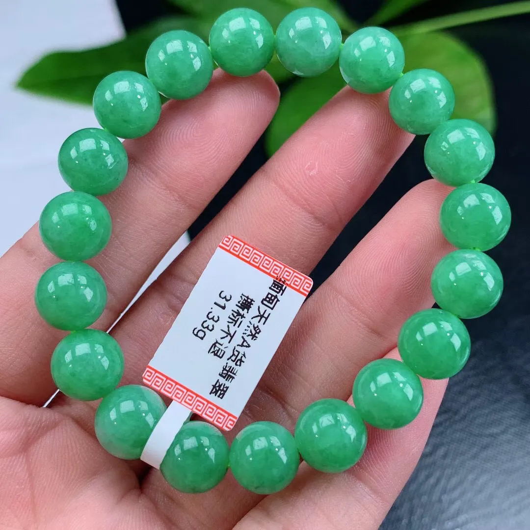 缅甸天然翡翠A货 老坑料起胶冰润 满绿圆珠手串 手链  
尺寸9.7mm  y 31.33