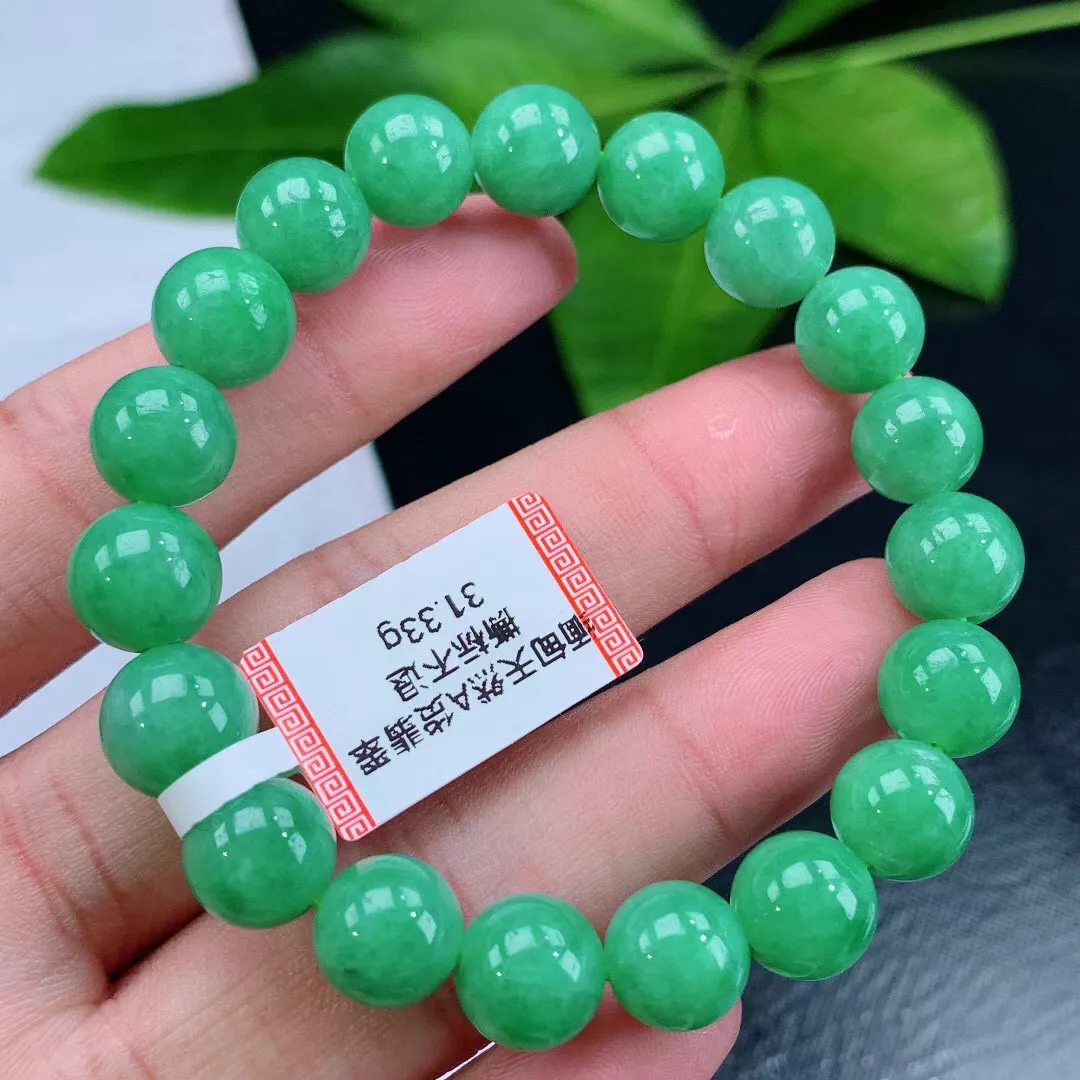缅甸天然翡翠A货 老坑料起胶冰润 满绿圆珠手串 手链  
尺寸9.7mm  y 31.33