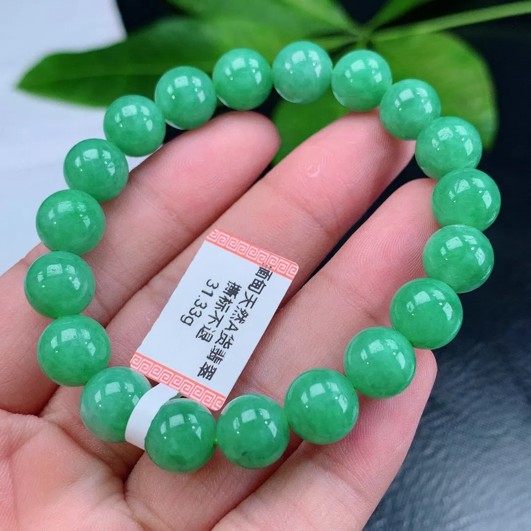 缅甸天然翡翠A货 老坑料起胶冰润 满绿圆珠手串 手链  
尺寸9.7mm  y 31.33
