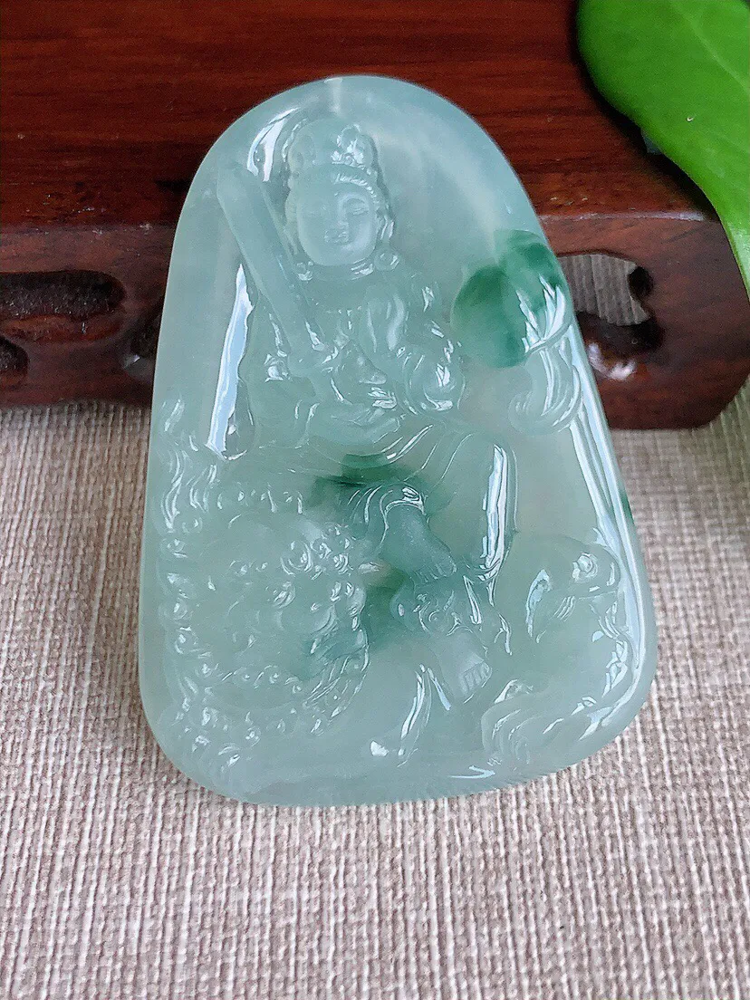 a货翡翠老坑冰种飘花文殊菩萨吊坠 尺寸56.7×38.6×5.3mm 重量27.30g 0708