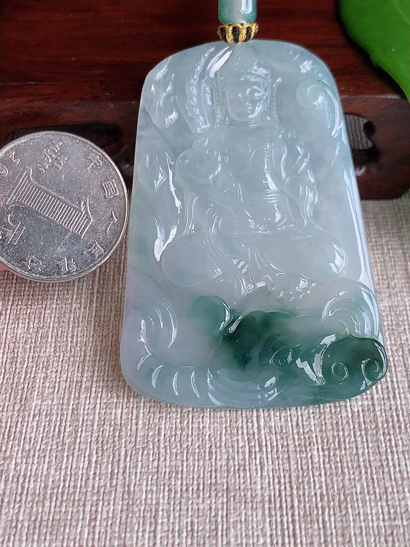 a货翡翠老坑冰种飘花普贤菩萨吊坠 尺寸61.5×41×4.7mm 重量34.77g 0708