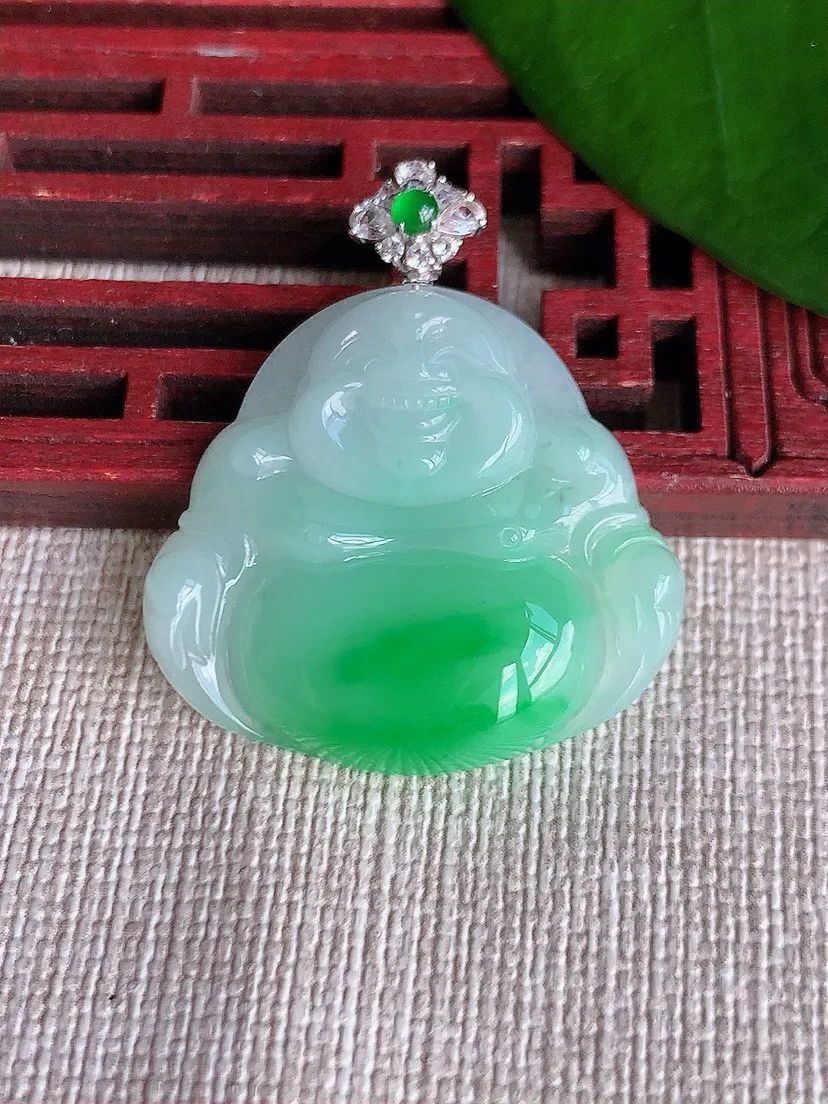 a货翡翠老坑冰种18K金伴钻镶嵌飘阳绿佛公吊坠 尺寸34×26.5×29×5.5mm 重量7.40g