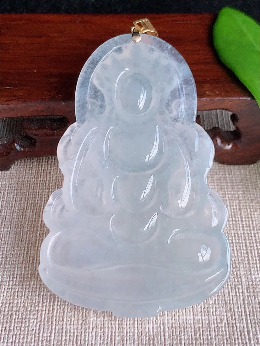 a货翡翠老坑冰种18K金扣头白月光大度母观音吊坠 尺寸68.7×43.3×6mm 重量34.55g 0709