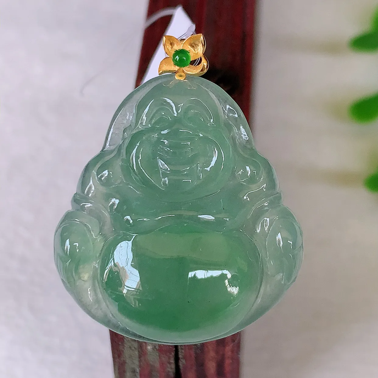 18K金镶嵌冰种佛公吊坠，翡翠笑佛，饱满，开脸喜庆，配戴优雅迷人！#46.8整31裸石26.5*25*5.8