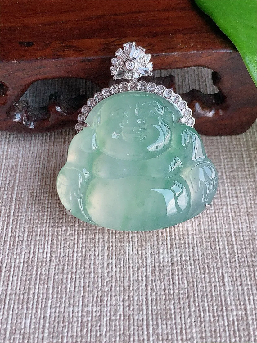 a货翡翠老坑冰种18K金伴钻镶嵌晴水佛公吊坠 尺寸36×26×31×12mm 重量14.00g 0709