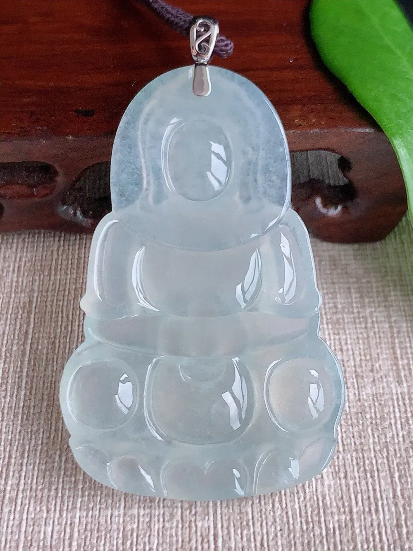 a货翡翠老坑冰种18K金扣头白月光正装观音吊坠 尺寸59.5×37.5×5.4mm 重量24.07g 0710