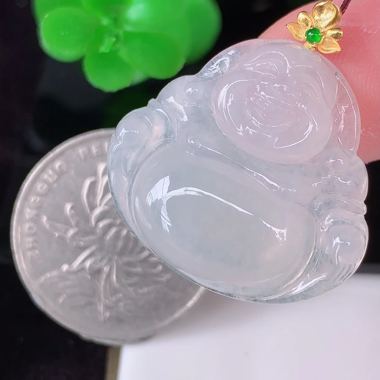18K金镶嵌冰种佛公吊坠，翡翠笑佛，饱满，开脸喜庆，配戴优雅迷人！#45.10整体28.5裸石26*23.8-5.5
