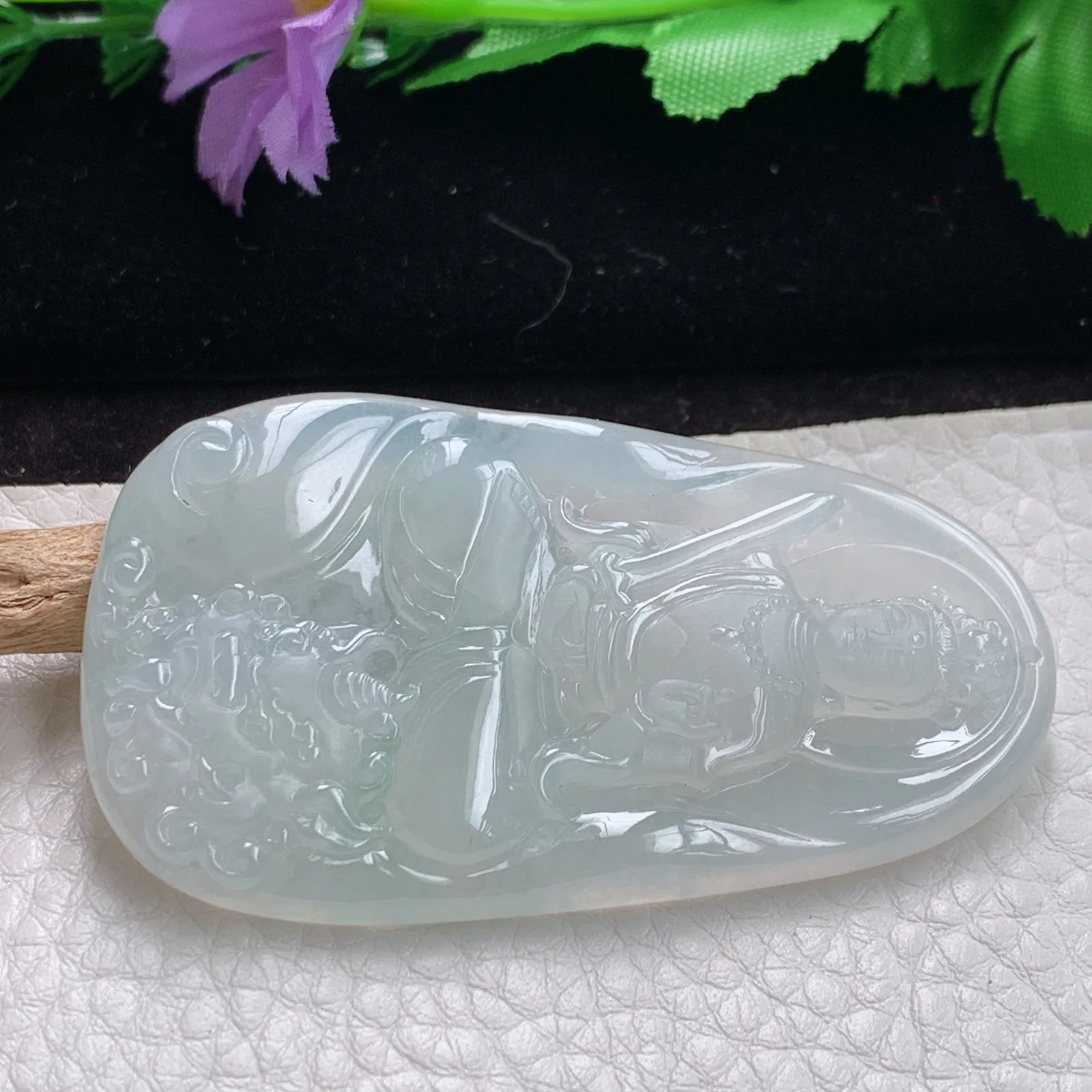 kjt实拍63*36.5*5.6老坑精雕冰胶清爽翡翠生肖守护神文殊菩萨玉吊坠
