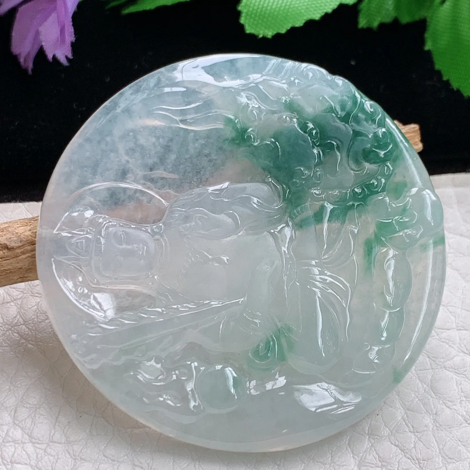 kjt实拍51.2*5.2老坑精雕冰种飘花翡翠生肖守护神文殊菩萨玉吊坠