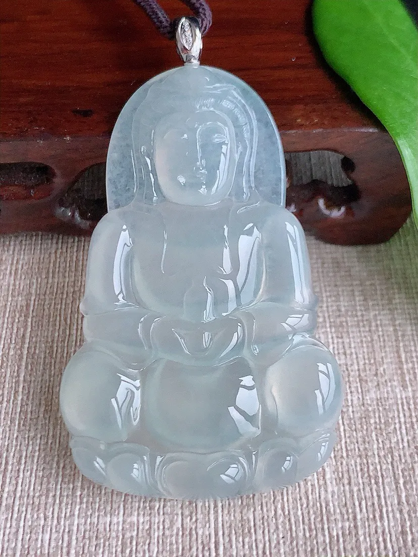 a货翡翠老坑冰种18K金扣头白月光正装观音吊坠 尺寸59.5×37.5×5.4mm 重量24.07g