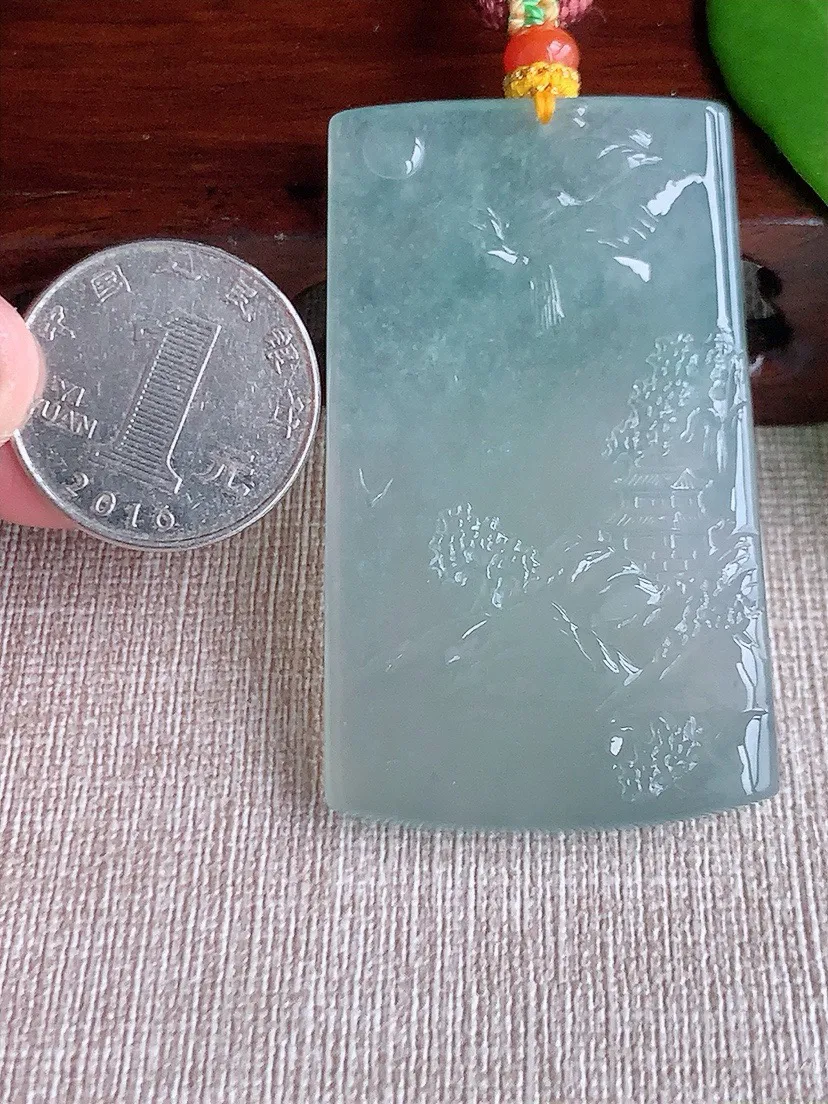 a货翡翠老坑冰种晴水意境山水牌吊坠 尺寸58×34.8×5mm 重量35.24g 0710