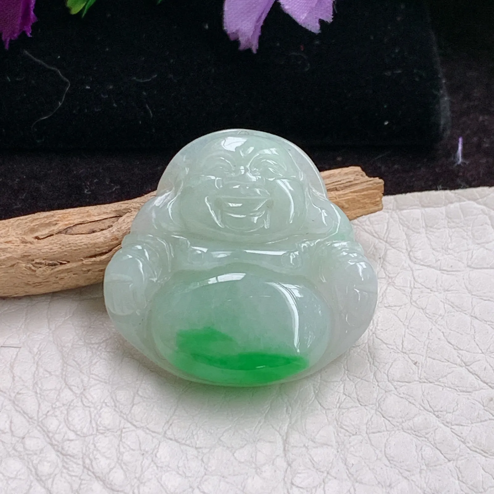 zen实拍28.7*29.5*5.6老坑精雕饱满飘阳绿翡翠佛公 尼勒佛玉吊坠 玉挂件