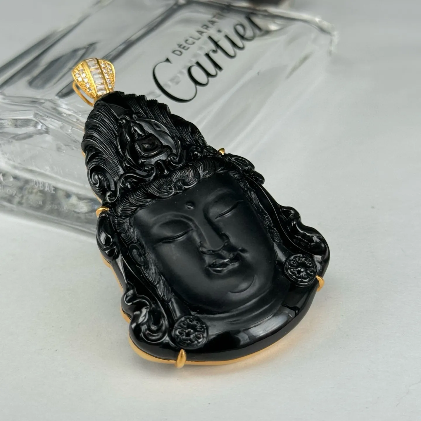 精品18k墨翠观音 种好色正 黑度极好 打灯通透 油性十足 尺寸65.8