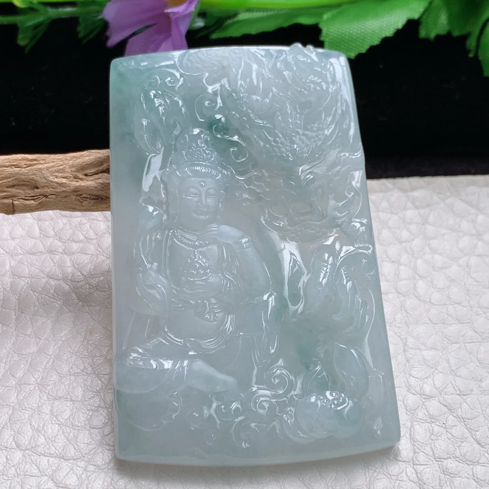 kjt实拍61.5*37.8*6.5老坑精雕冰胶飘花御龙观音 玉观音玉吊坠