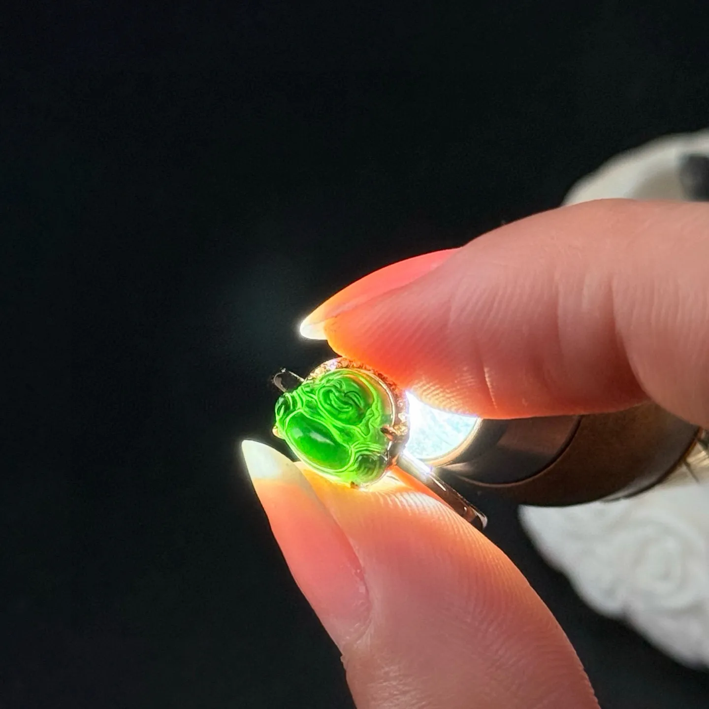 精品18k墨翠大肚佛女戒 种好色正 黑度极好 打灯通透 油性十足 尺寸9.2