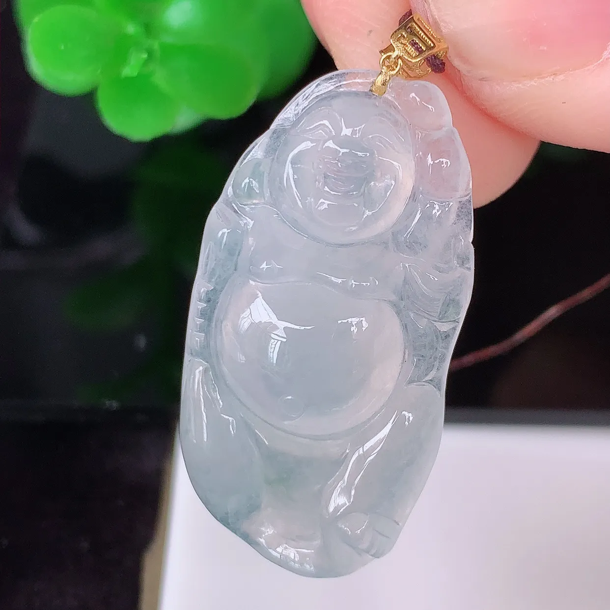 18K金镶嵌冰种逍遥布袋佛翡翠吊坠，代代有钱，水足丰盈，盈满欢喜，配戴送礼佳品！#45.10整体35