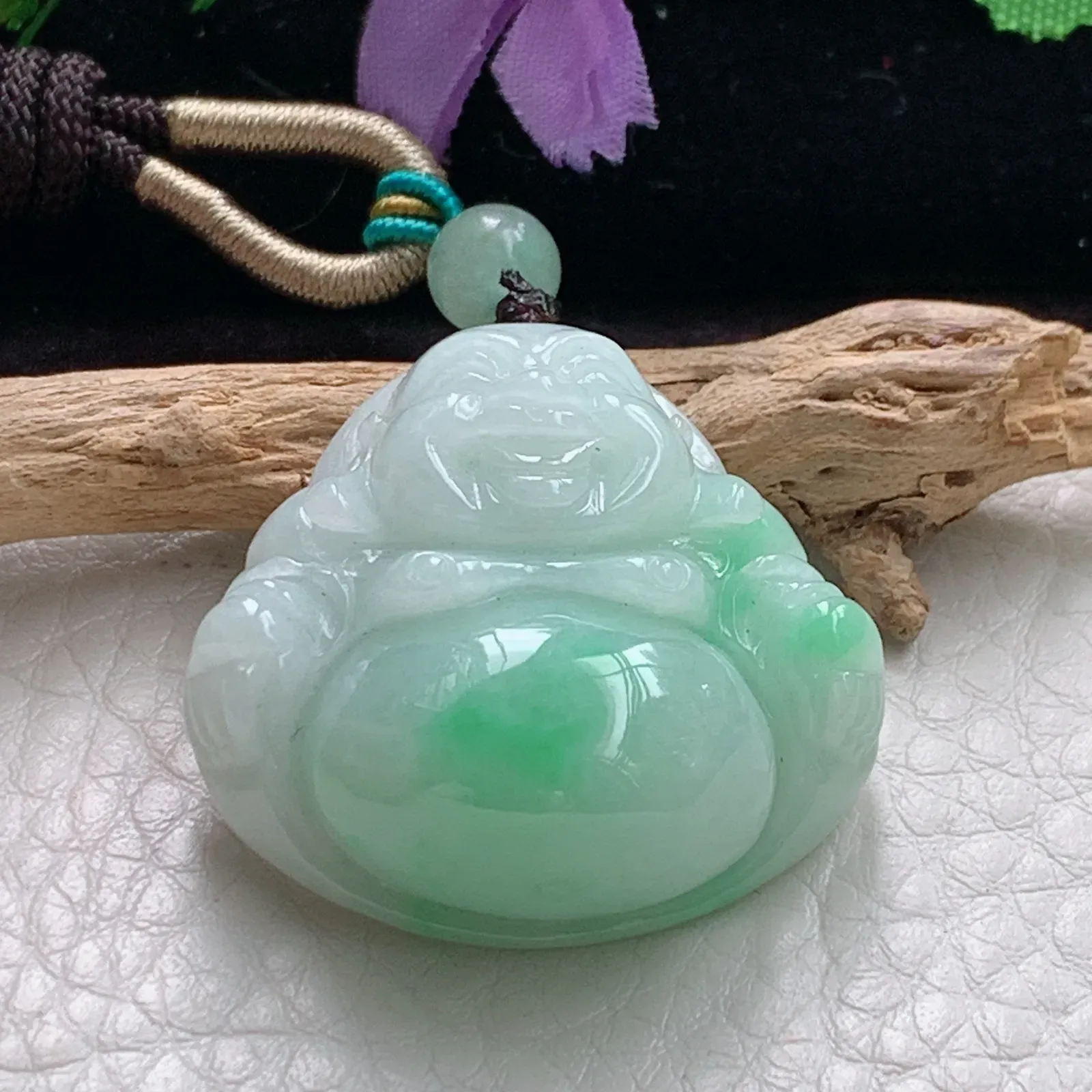 zen实拍30.6*31.8*12.6老坑精雕饱满飘绿灵动翡翠佛公 尼勒佛玉吊坠