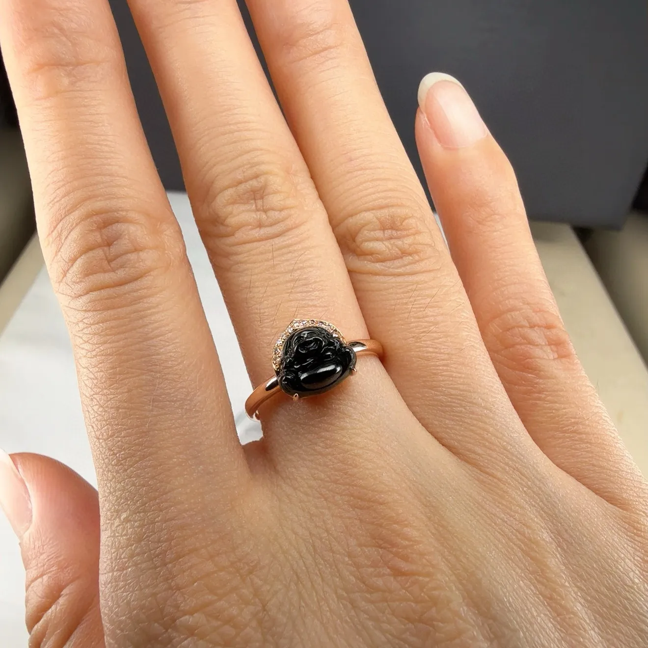 精品18k墨翠大肚佛女戒 种好色正 黑度极好 打灯通透 油性十足 尺寸9.2