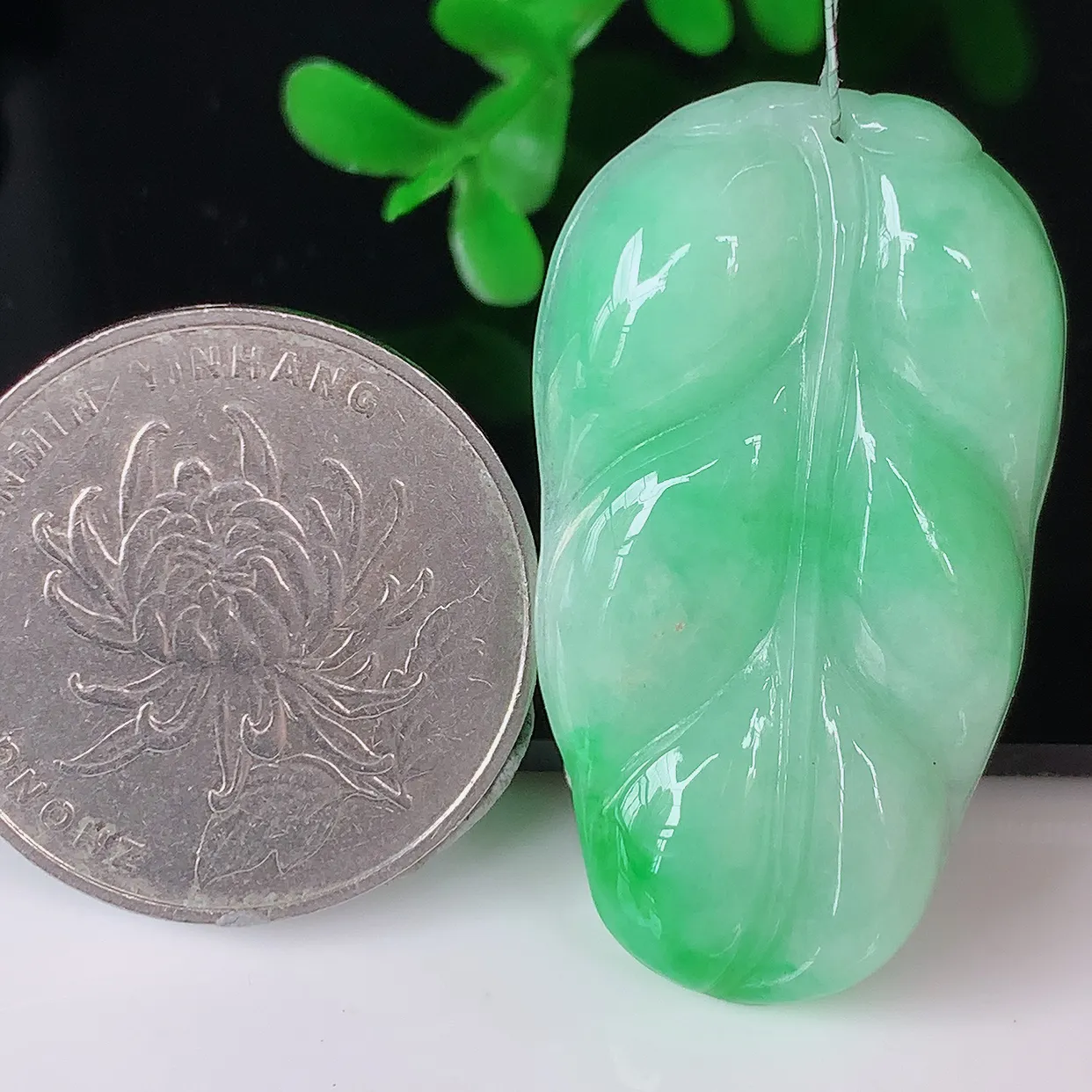 自然光实拍，冰胶飘绿叶子翡翠吊坠 ，种水足，色泽清新，工艺精湛，叶子寓意美好；金枝玉叶，事业有成。#35.10
