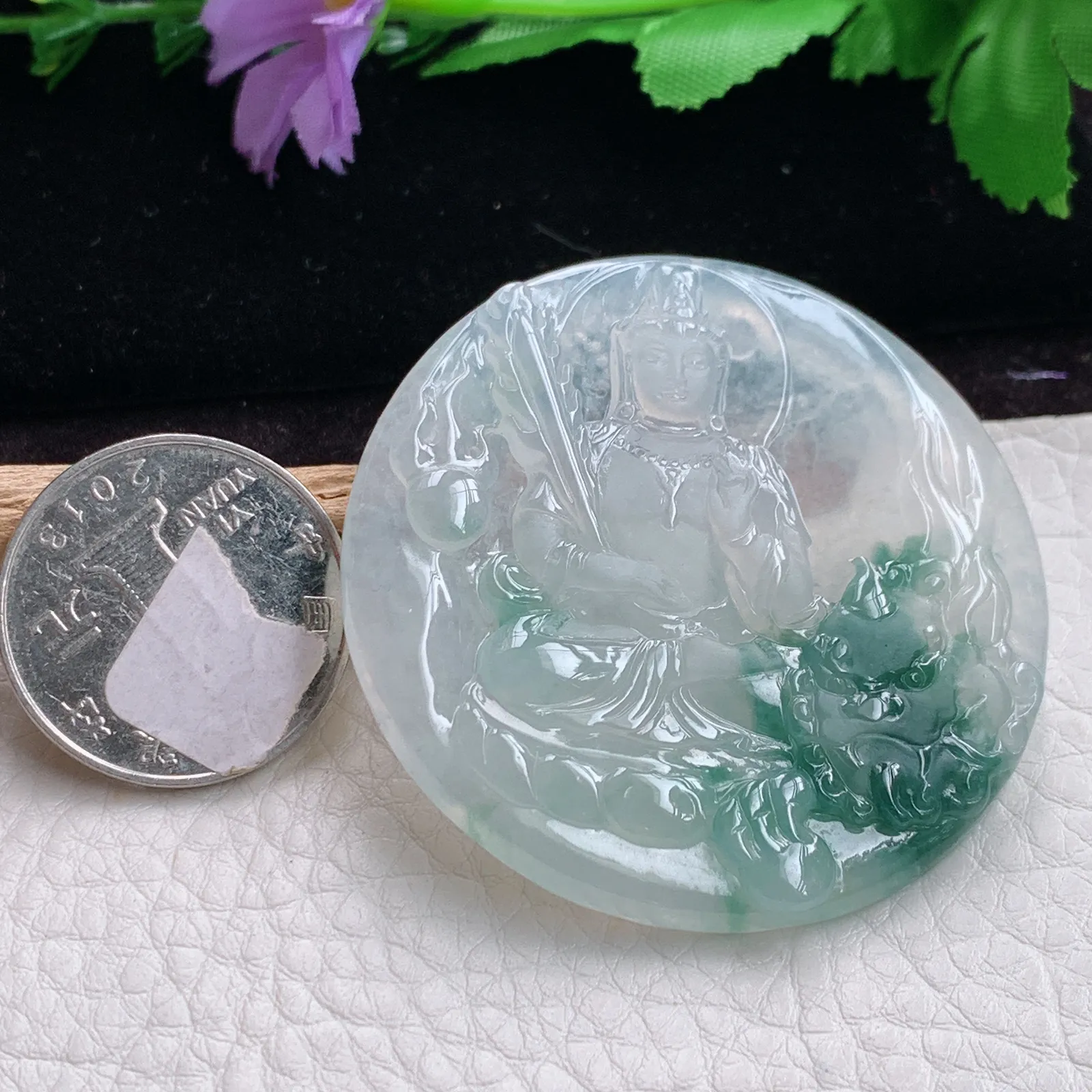 kjt实拍51.2*5.2老坑精雕冰种飘花翡翠生肖守护神文殊菩萨玉吊坠