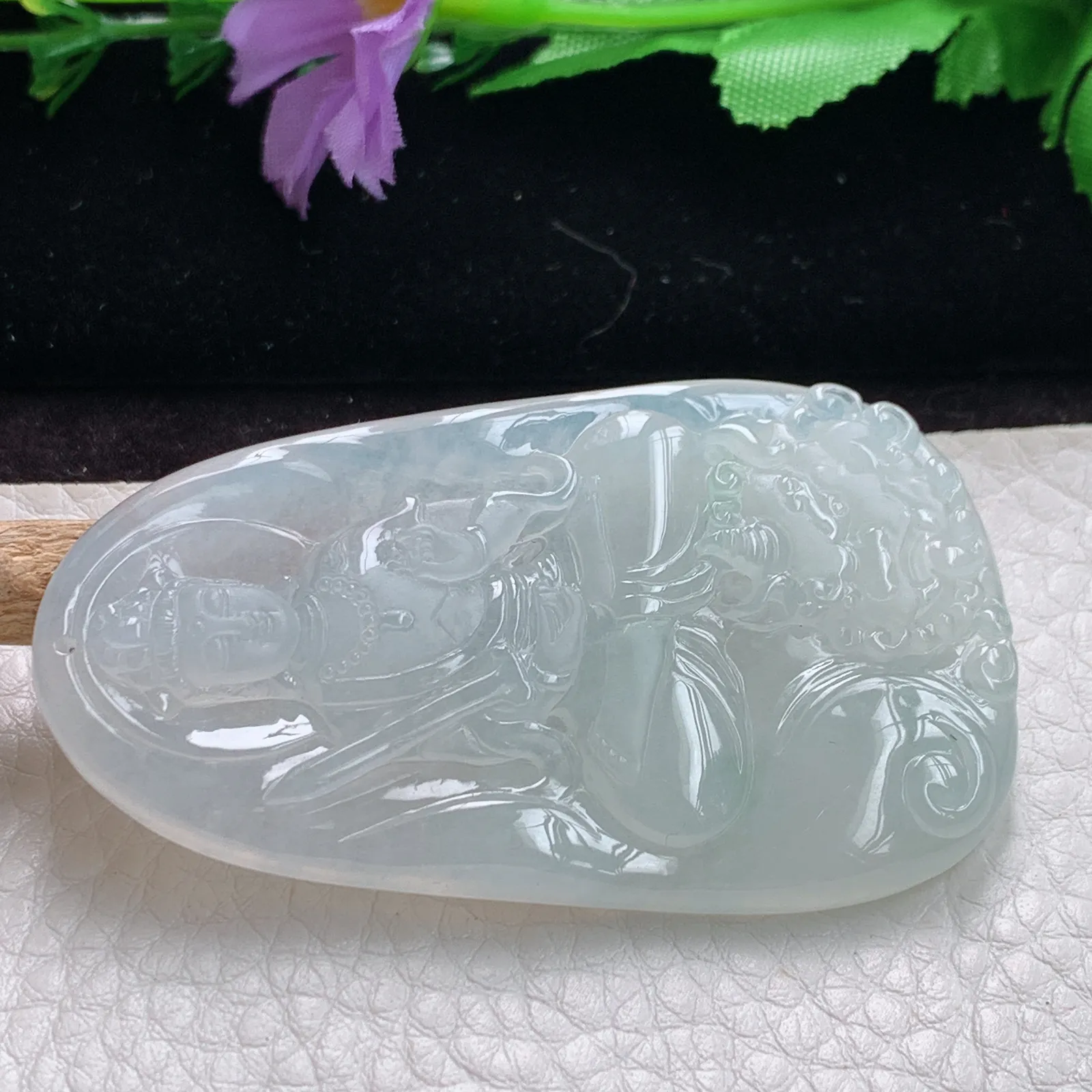 kjt实拍63*36.5*5.6老坑精雕冰胶清爽翡翠生肖守护神文殊菩萨玉吊坠