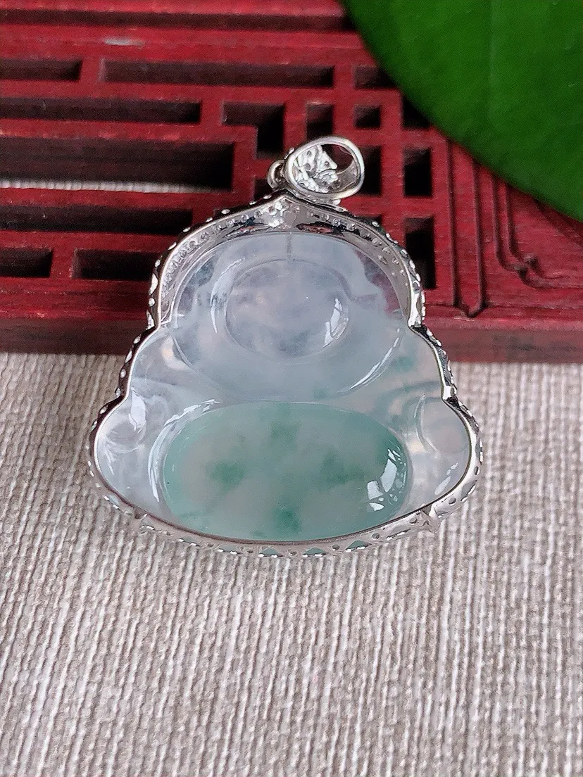 a货翡翠老坑冰种18K金伴钻镶嵌飘花佛公吊坠 尺寸36×26×30.3×9.8mm 重量9.32g 0711