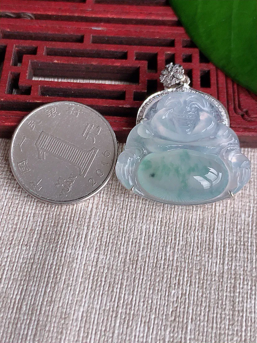 a货翡翠老坑冰种18K金伴钻镶嵌飘花佛公吊坠 尺寸36×26×30.3×9.8mm 重量9.32g 0711