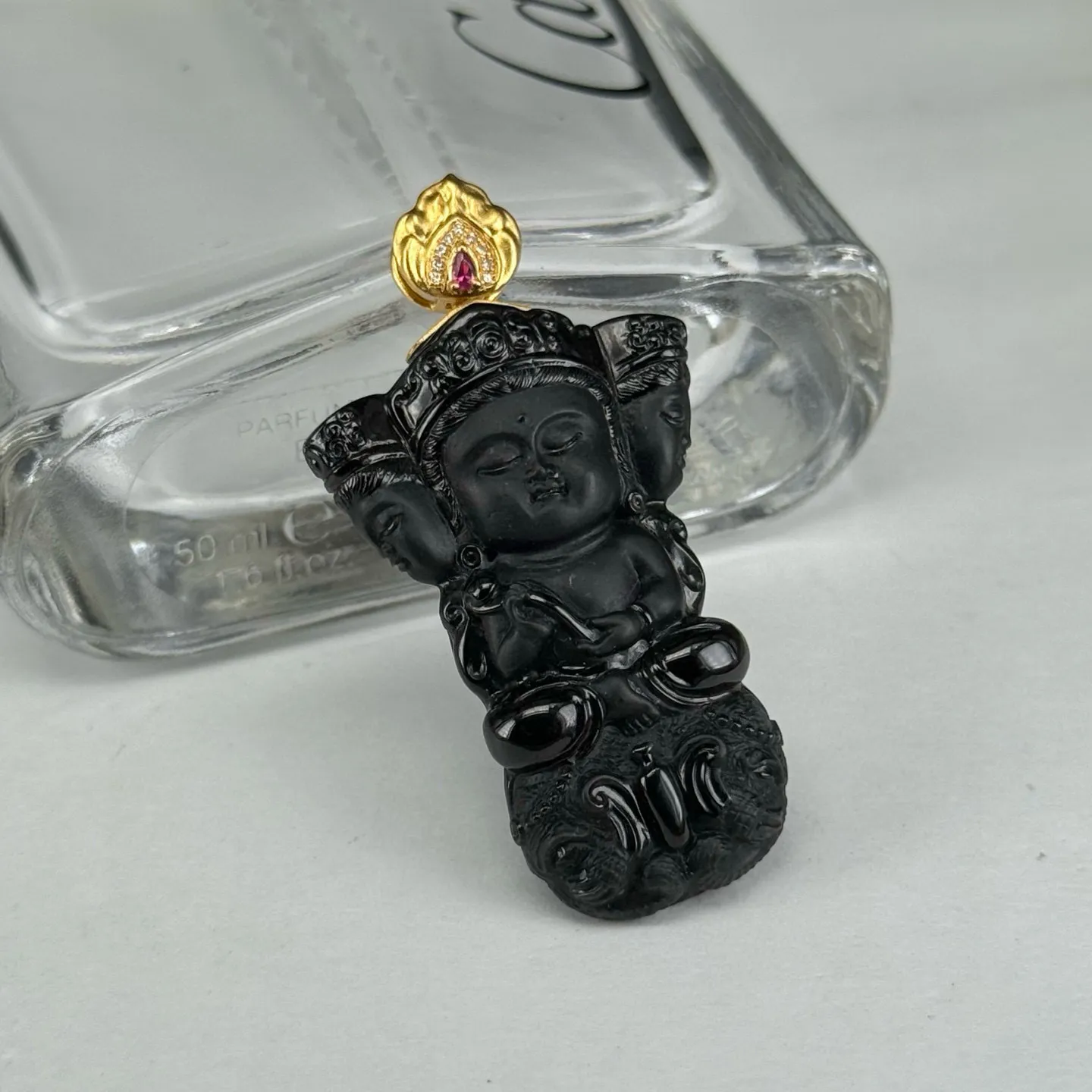 精品18k叩头墨翠降魔杵 种好色正 黑度极好 打灯通透 油性十足 尺寸46.5