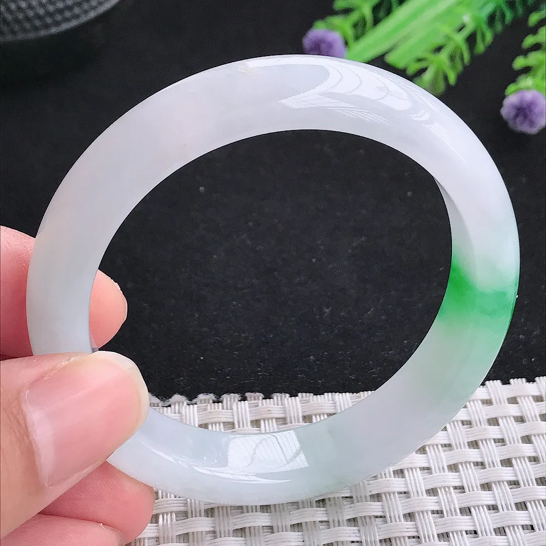 自然光52.5/12/7.8小圈口老坑冰润时间白底青正阳绿手镯玉镯平安镯