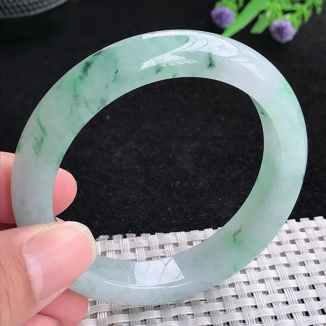 自然光59/15.5/7.6老坑精美冰胶飘花手镯玉镯平安镯