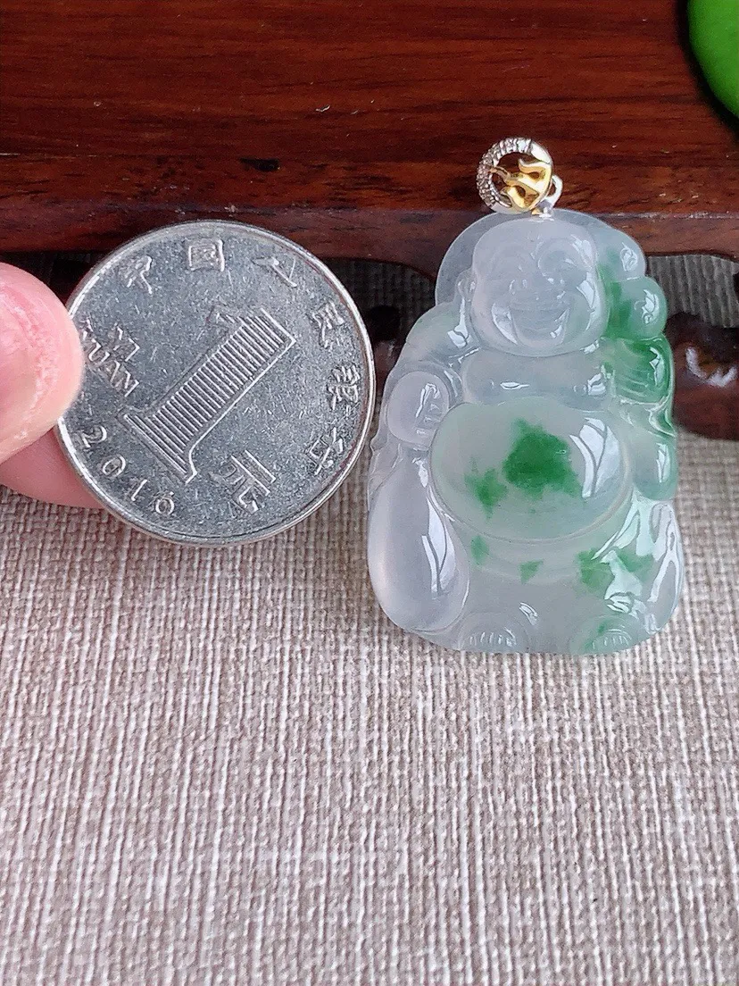 a货翡翠老坑冰种18K金扣头飘花布袋佛吊坠 尺寸33.3×24×4.7mm 重量7.87g 0711