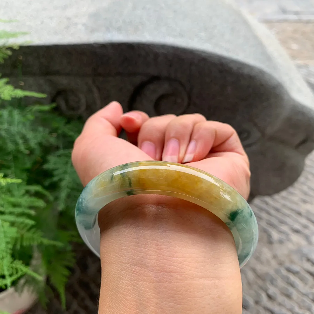 圈口 56.7-11.9-8.9【飘花黄翡正圈手镯】正圈56 57可戴