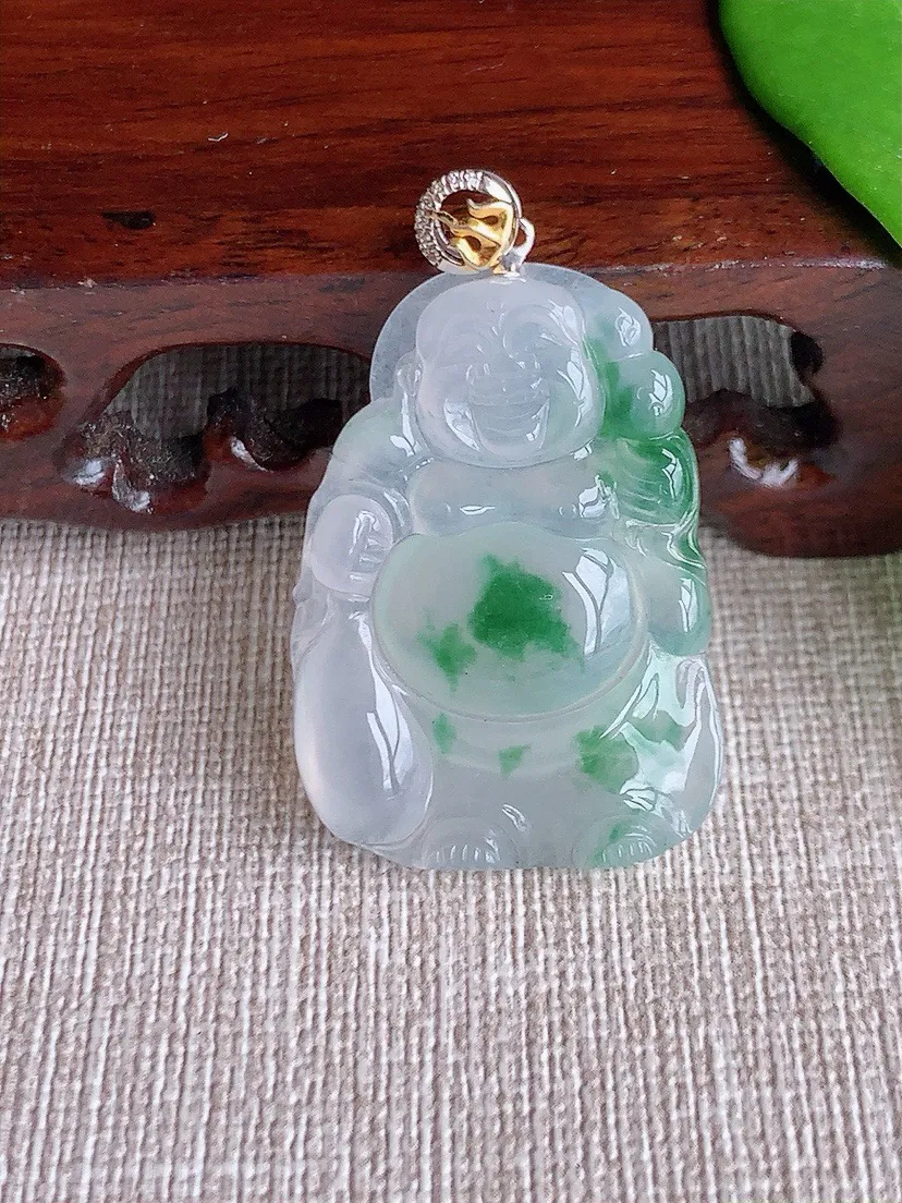 a货翡翠老坑冰种18K金扣头飘花布袋佛吊坠 尺寸33.3×24×4.7mm 重量7.87g 0711