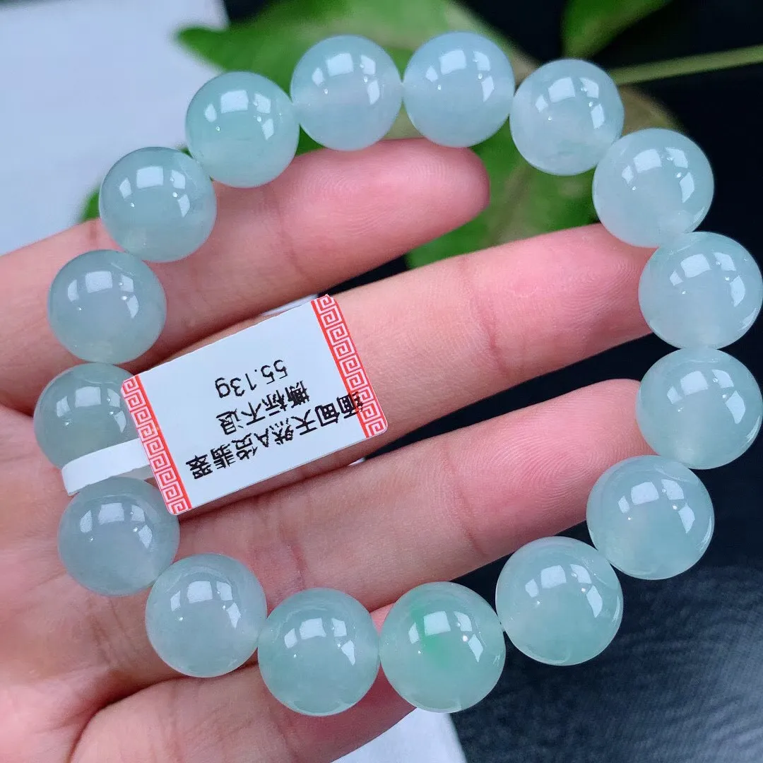 缅甸天然翡翠A货 老坑料起胶冰种 飘绿圆珠手串 手链 
尺寸12.4mm   y 55.13