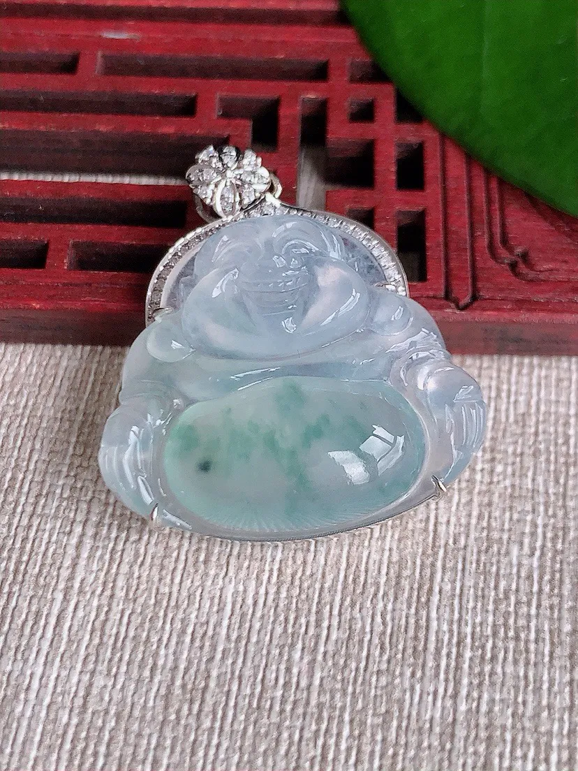 a货翡翠老坑冰种18K金伴钻镶嵌飘花佛公吊坠 尺寸36×26×30.3×9.8mm 重量9.32g 